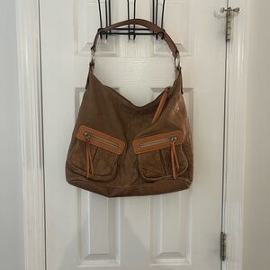 Brown Leather Hobo Bag with Front Zip Pockets